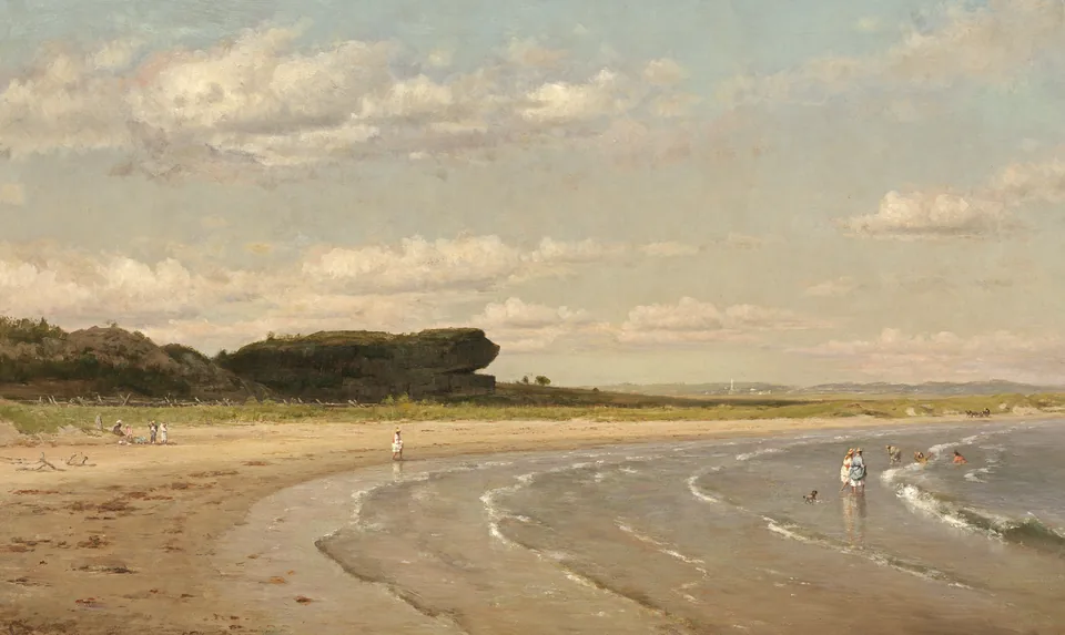 Figures walking along a bright coastline